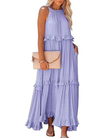 Robe longue fluide à volants et plusieurs niveaux, coupe halter