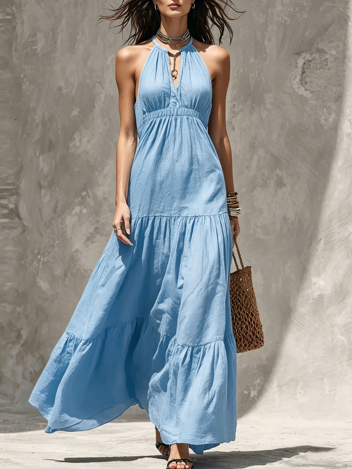 Halter Keyhole Neck Crinkled Tiered Maxi Dress