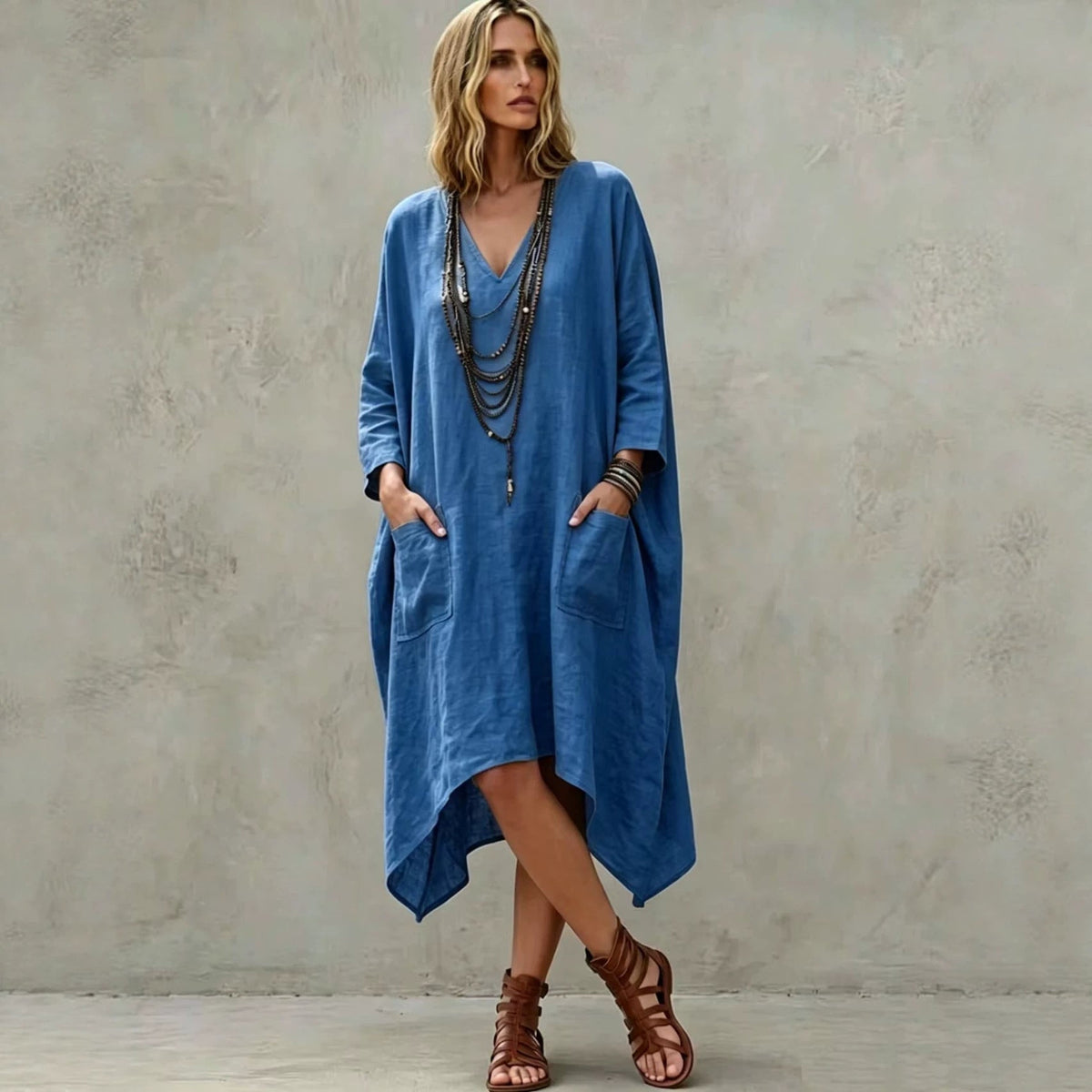 Robe midi en lin mélangé à col en V, manches 3/4, ourlet irrégulier et poches latérales