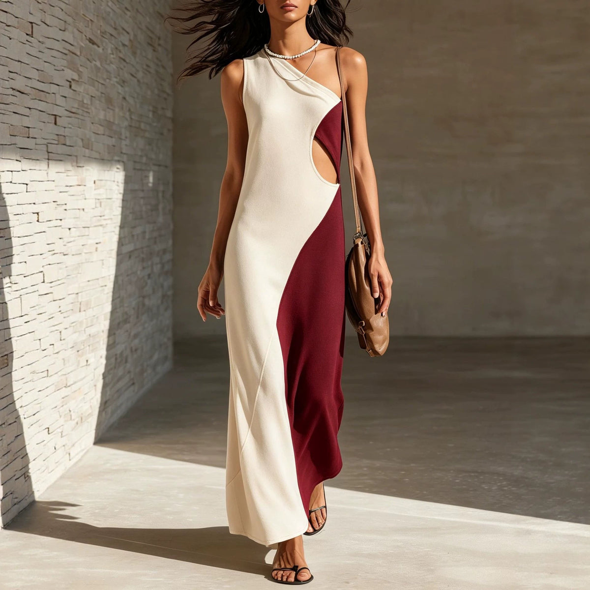 Robe longue texturée asymétrique à découpe à une épaule
