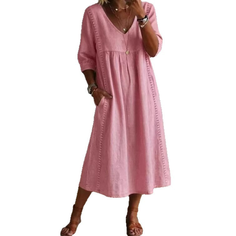 Elegant V-Neck Linen Blend Midi Dress with Lace Inserts and Pockets | Women's Casual Summer Dress