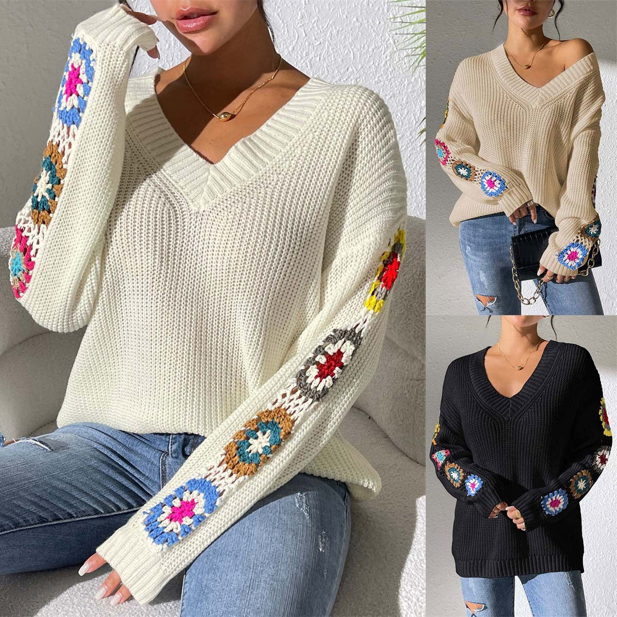 V-neck jumper with crochet flowers