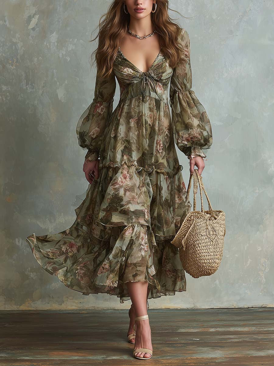 Robe longue à fleurs, col en V et manches lanternes, à plusieurs niveaux