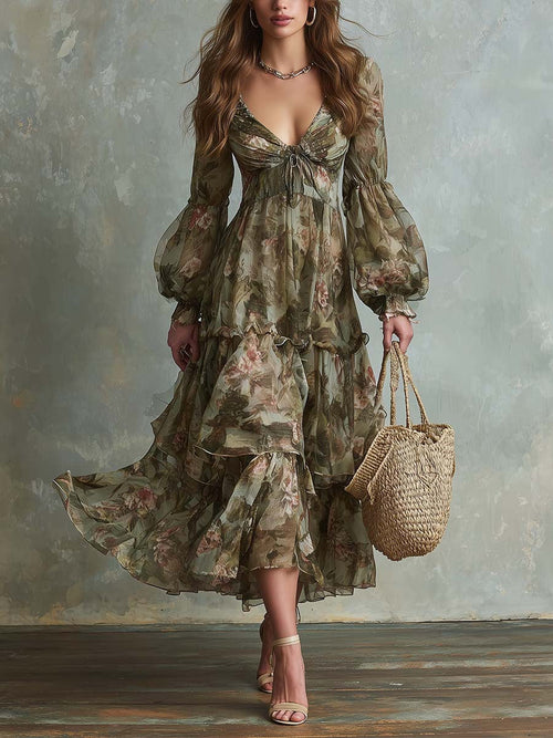 Robe longue à fleurs, col en V et manches lanternes, à plusieurs niveaux