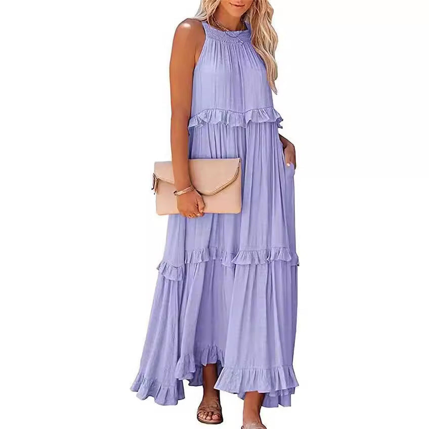 Robe longue fluide à volants et plusieurs niveaux, coupe halter