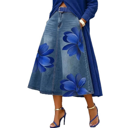 Jupe midi en jean à imprimé floral