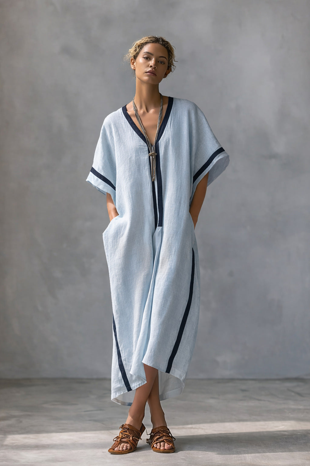 Linen blend V-neck caftan dress