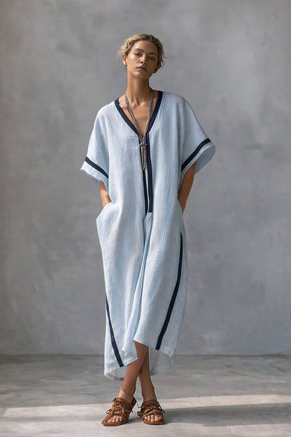 Linen blend V-neck caftan dress