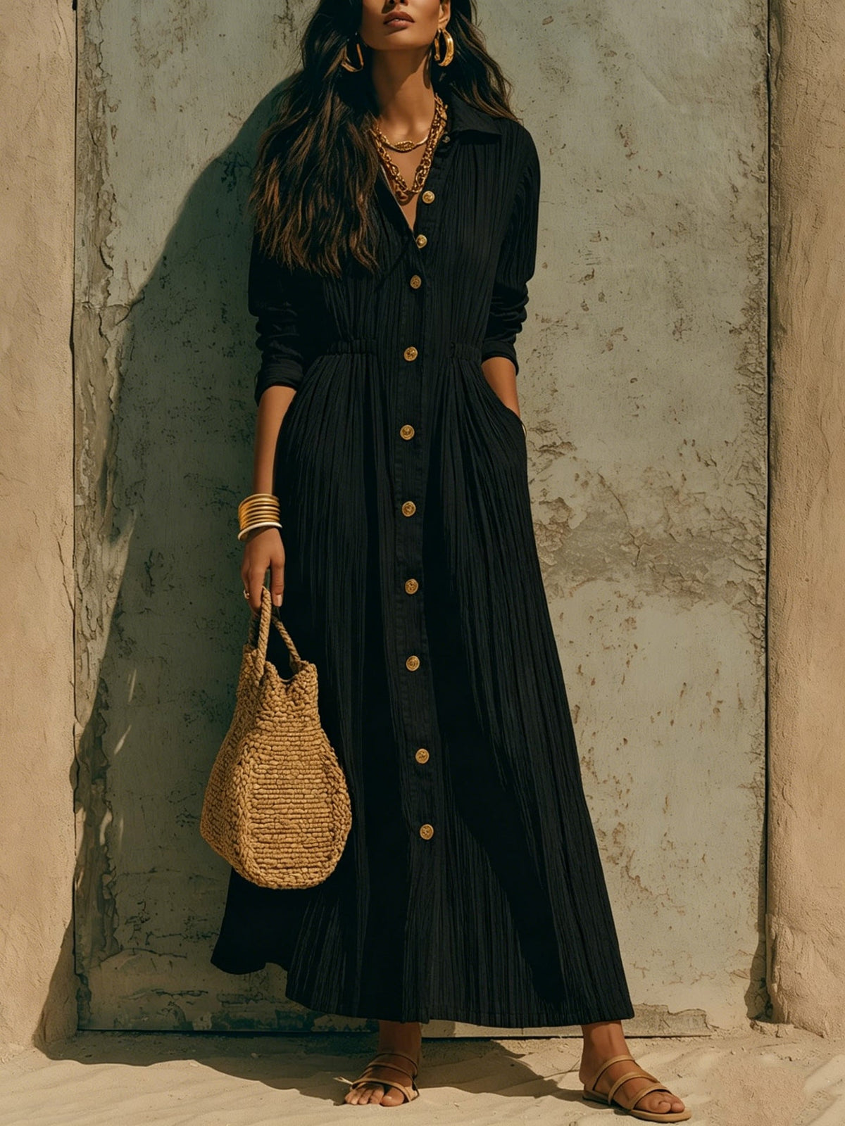 Robe maxi chemise boutonnée froissée ample