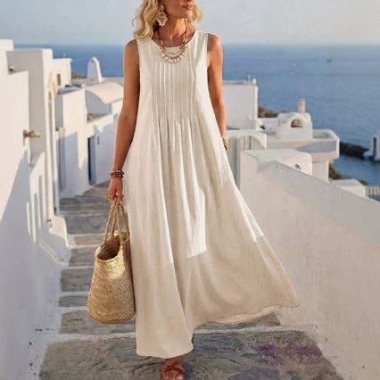 Robe longue de vacances plissée en mélange de lin avec poches