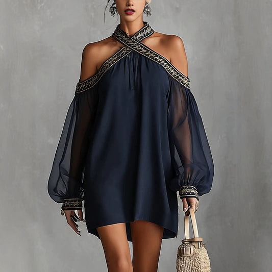 Robe tunique ample à manches longues transparente, avec broderies