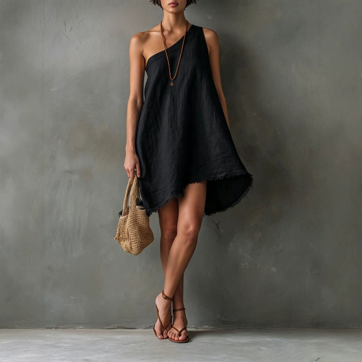 Robe Mini Asymétrique en Lin à Une Épaule avec Ourlet Effiloché