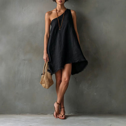 Robe Mini Asymétrique en Lin à Une Épaule avec Ourlet Effiloché