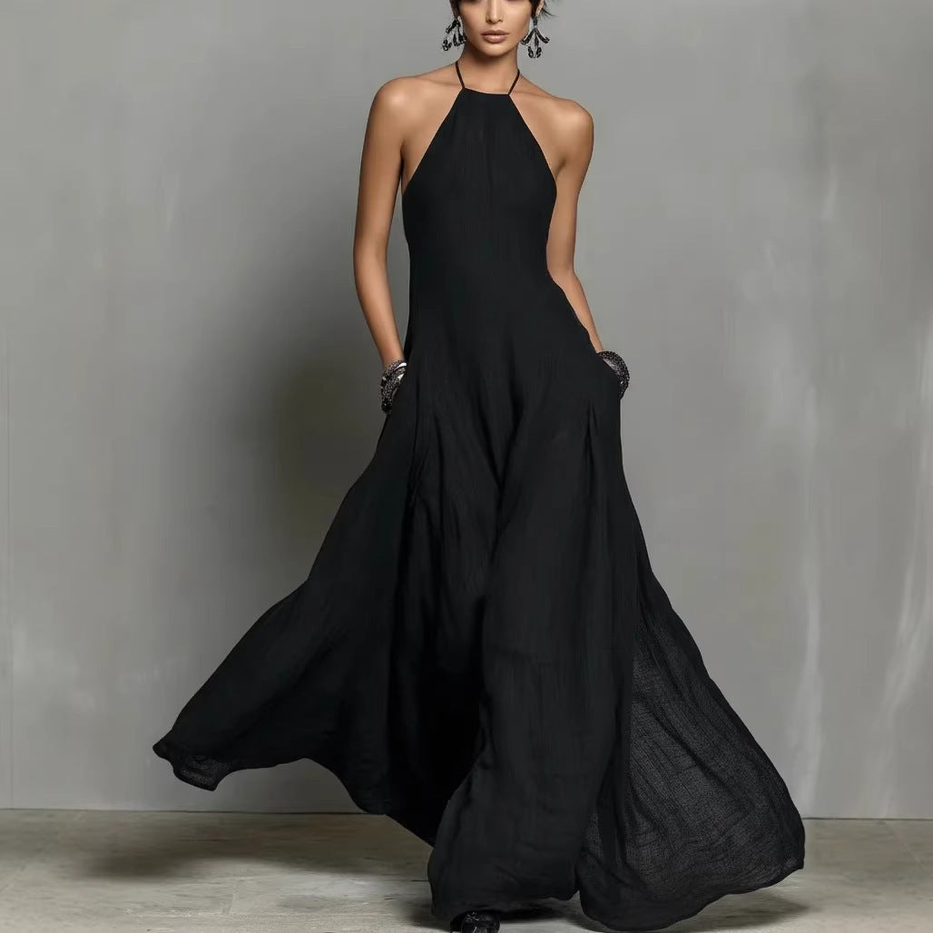 Robe longue simple sans manches à dos nu en mélange de coton et de lin