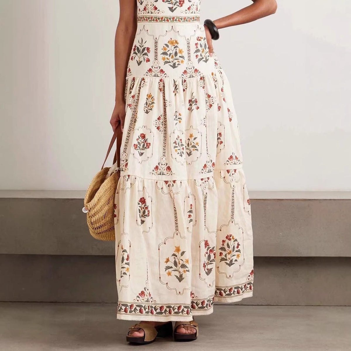 Robe longue étagée à imprimé floral vintage | Robe d'été camisole à encolure carrée