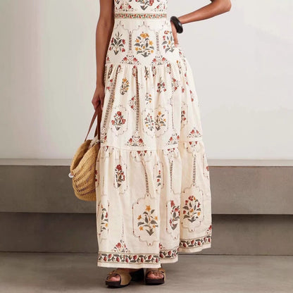 Robe longue étagée à imprimé floral vintage | Robe d'été camisole à encolure carrée