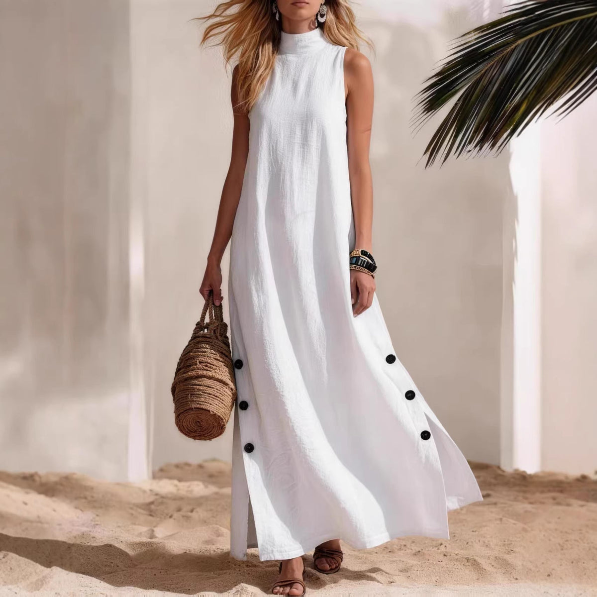 Robe longue décontractée sans manches en coton et lin de couleur unie avec fente latérale