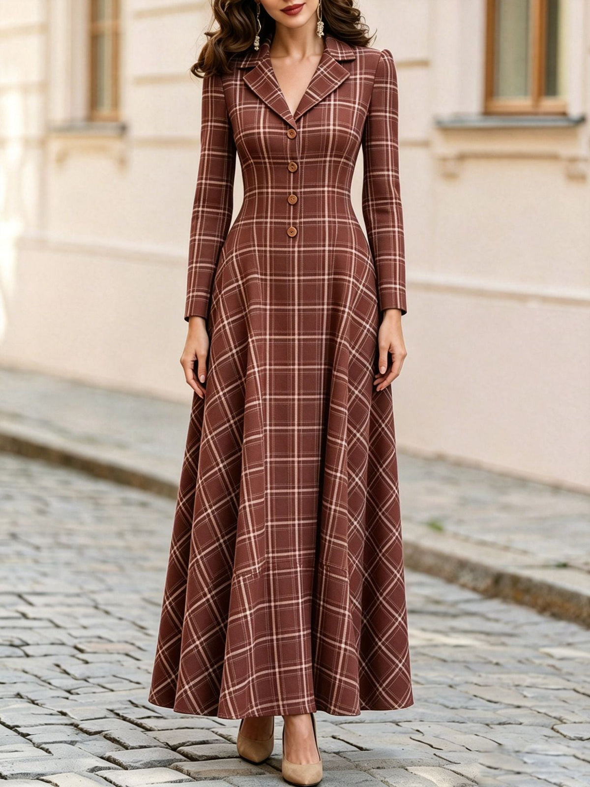 Robe longue à manches longues à carreaux classiques