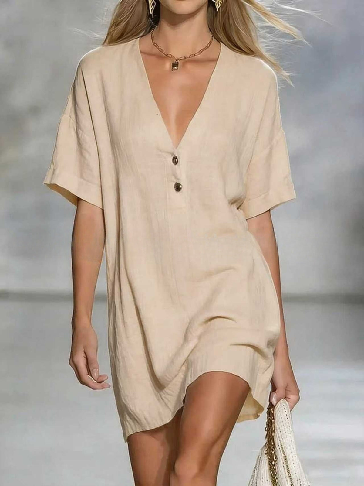 Robe chemise en lin mélangé à col en V, chic et facile à porter