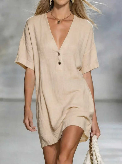 Robe chemise en lin mélangé à col en V, chic et facile à porter