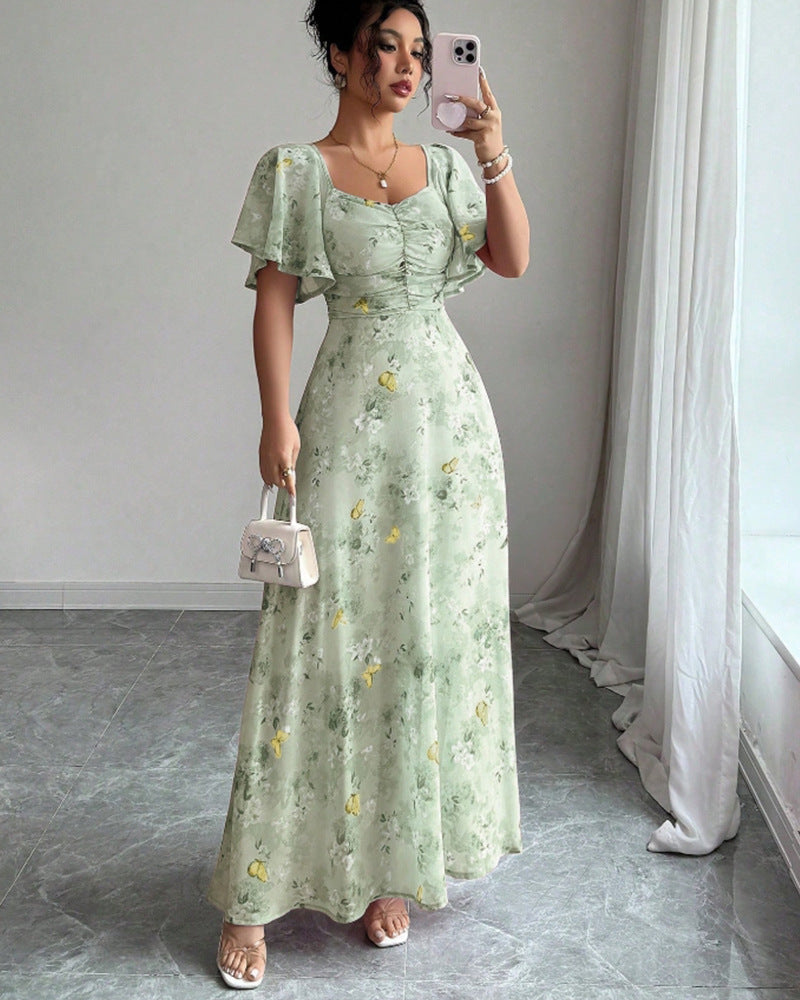 Robe longue à imprimé floral, froncée et à manches papillon fluides