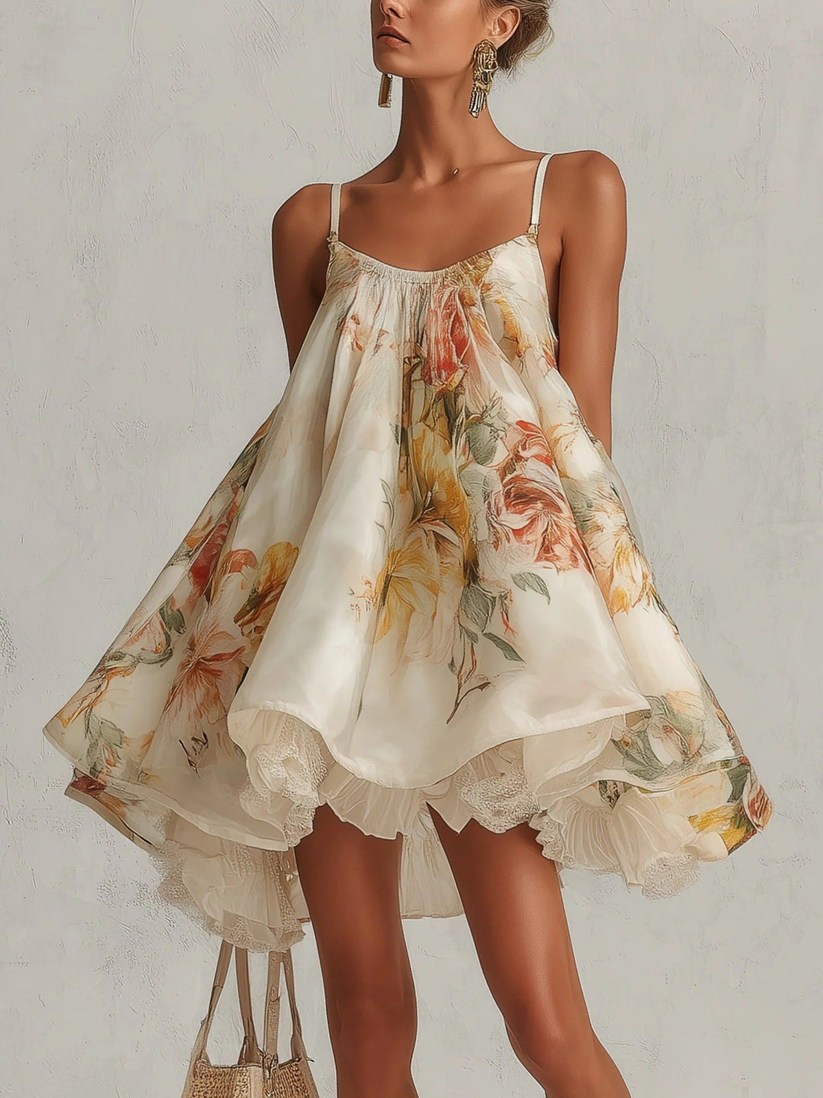Women’s Vintage Floral Print Spaghetti‑Strap High‑Low Ruffle Mini Dress - White / S