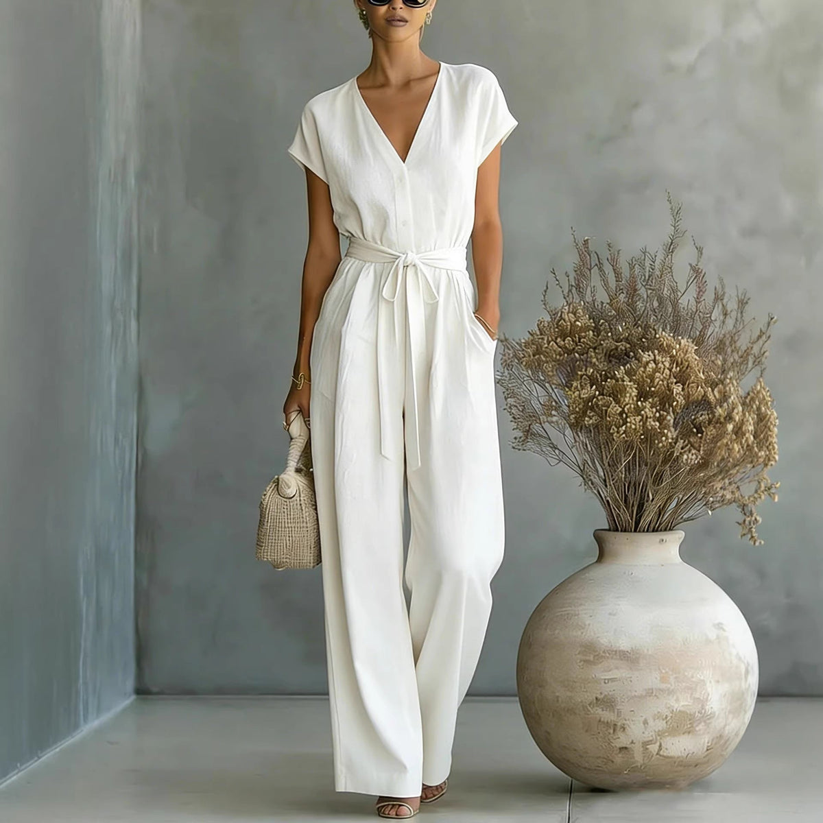 Combinaison élégante col en V avec ceinture pour femme - Tenue une pièce chic et décontractée pour le quotidien et les occasions spéciales