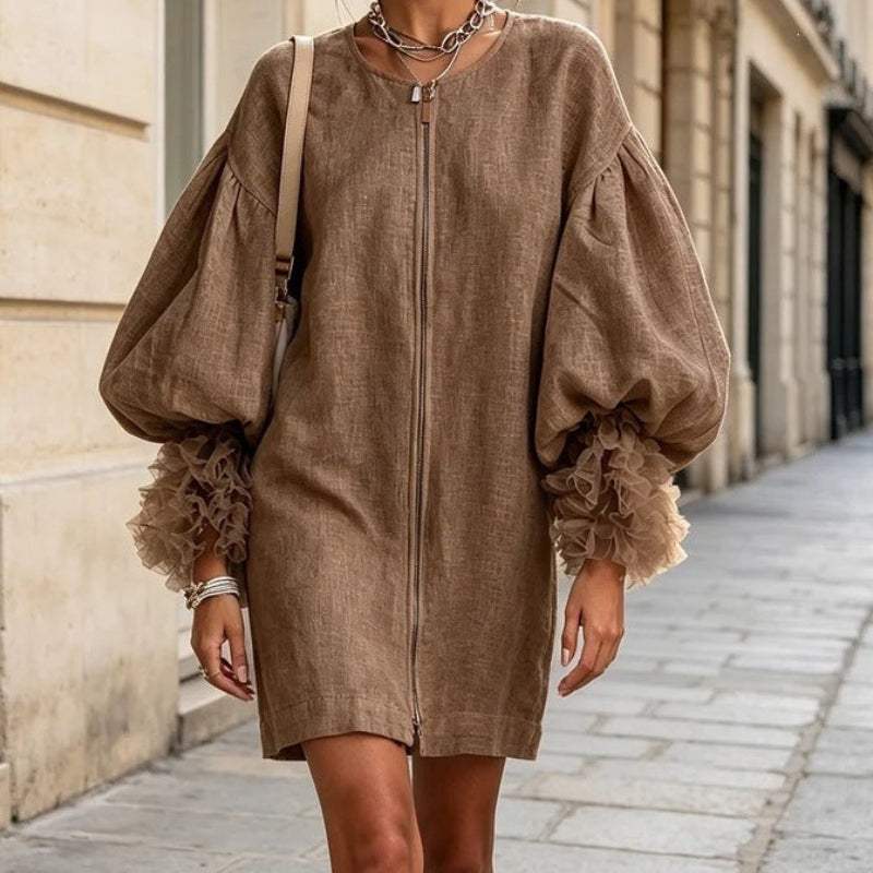 Mini-robe en lin zippée pour femme, robe ample et décontractée à manches ballon bouffantes avec poignets à volants