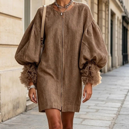 Mini-robe en lin zippée pour femme, robe ample et décontractée à manches ballon bouffantes avec poignets à volants