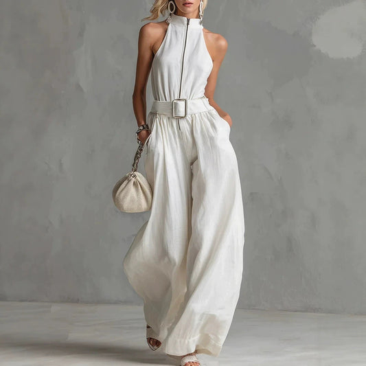 Combinaison dos nu ample en mélange de lin blanc pour femme avec ceinture