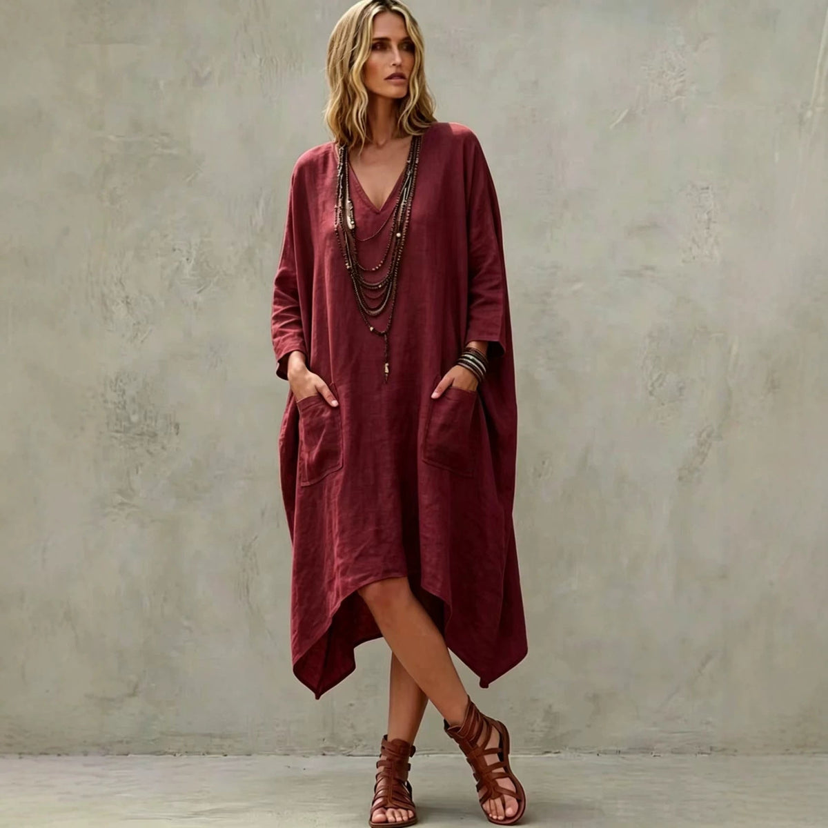 Robe midi en lin mélangé à col en V, manches 3/4, ourlet irrégulier et poches latérales