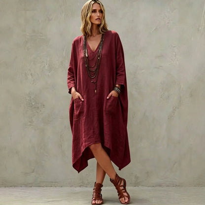 Robe midi en lin mélangé à col en V, manches 3/4, ourlet irrégulier et poches latérales
