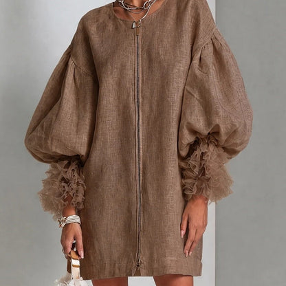 Mini-robe en lin zippée pour femme, robe ample et décontractée à manches ballon bouffantes avec poignets à volants