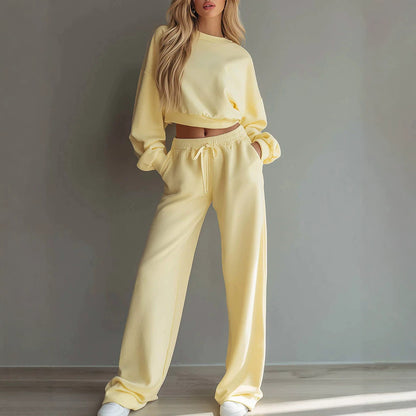 Ensemble de survêtement décontracté 2 pièces pour femme, comprenant un sweat-shirt court et un pantalon ample à jambes larges – Tenue décontractée