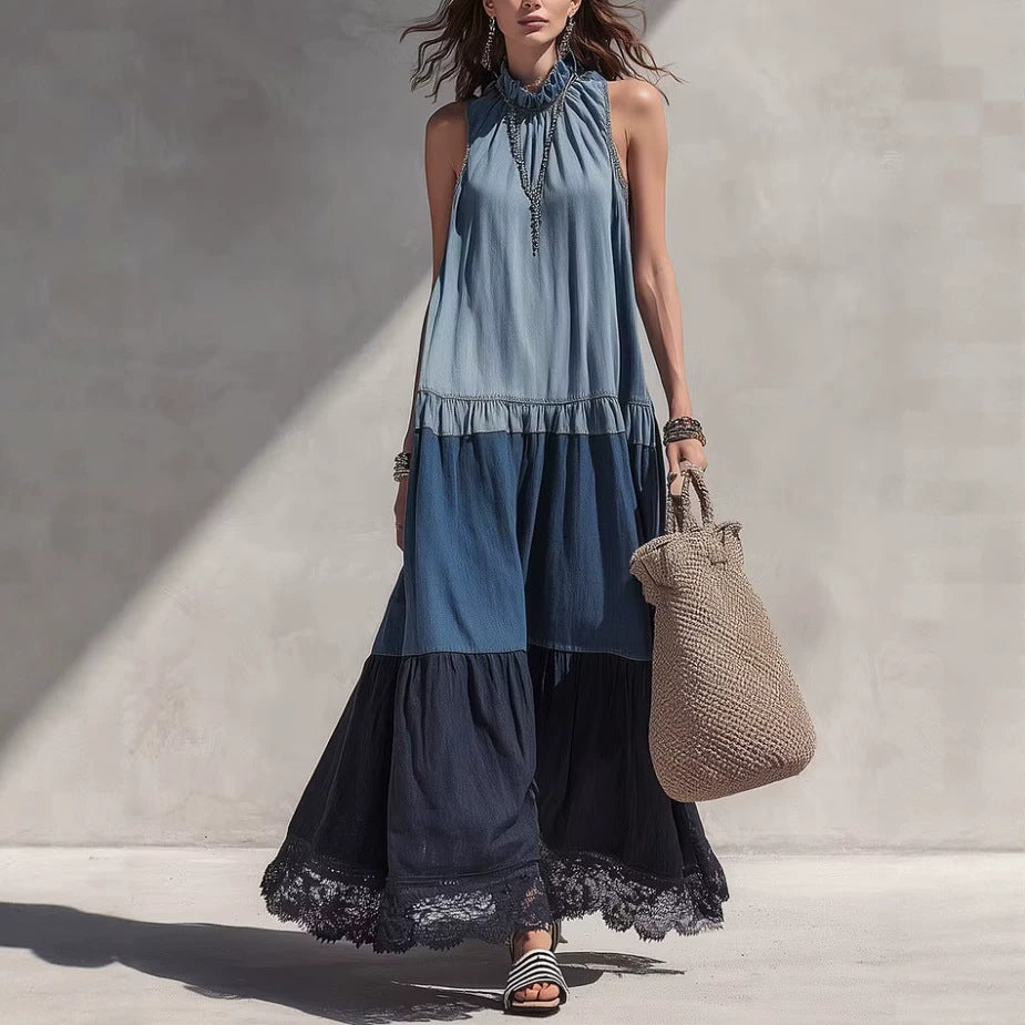 Robe longue en chambray à étages avec blocs de couleur et ourlet en dentelle