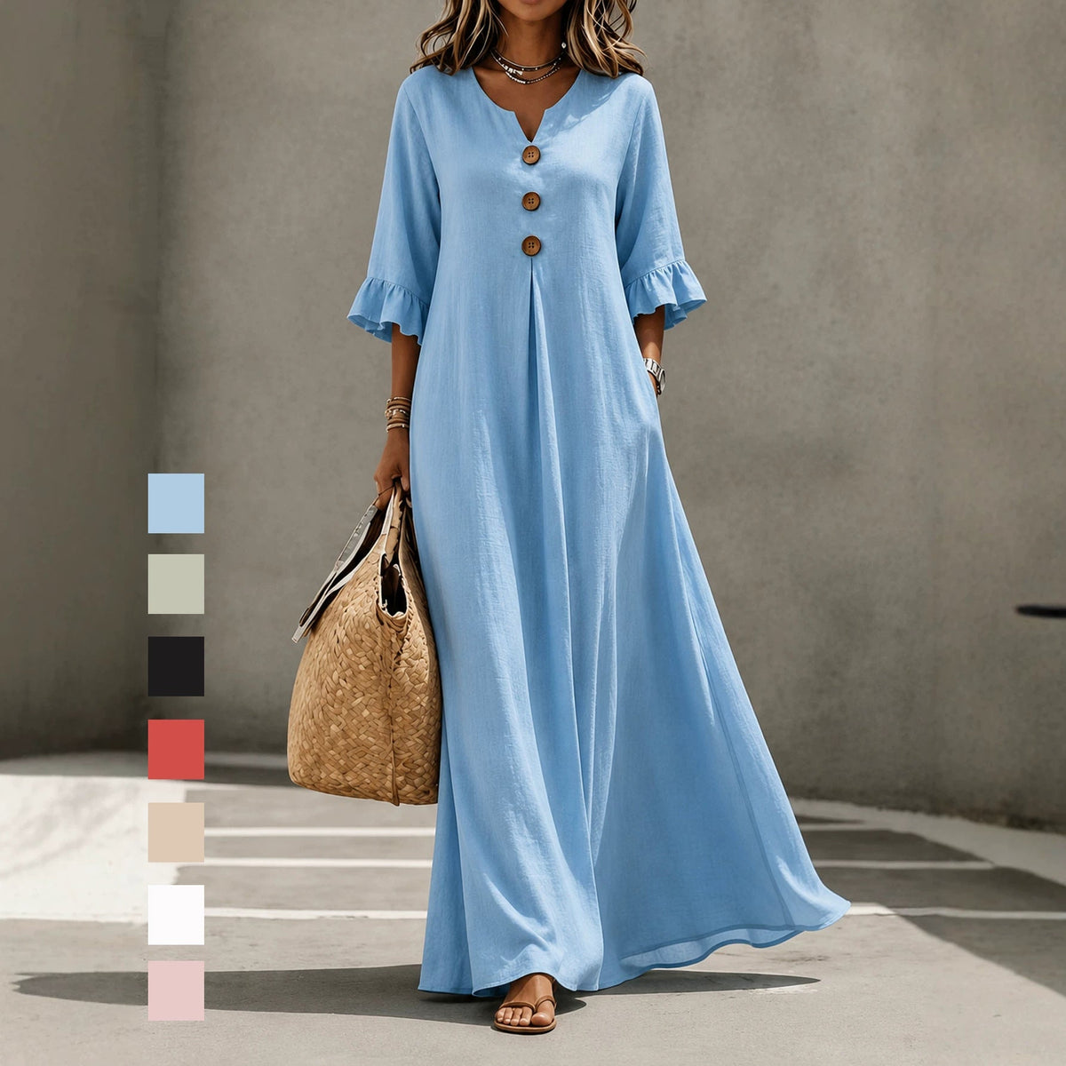 Robe longue en lin à col en V et manches volantées