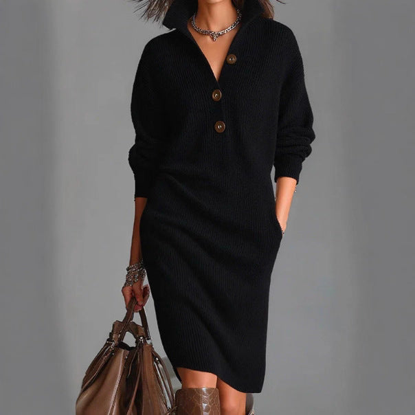 Robe pull mi-longue décontractée ample à revers et boutons pour femme, collection automne.