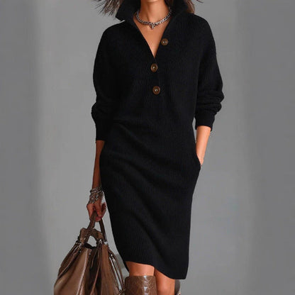 Robe pull mi-longue décontractée ample à revers et boutons pour femme, collection automne.