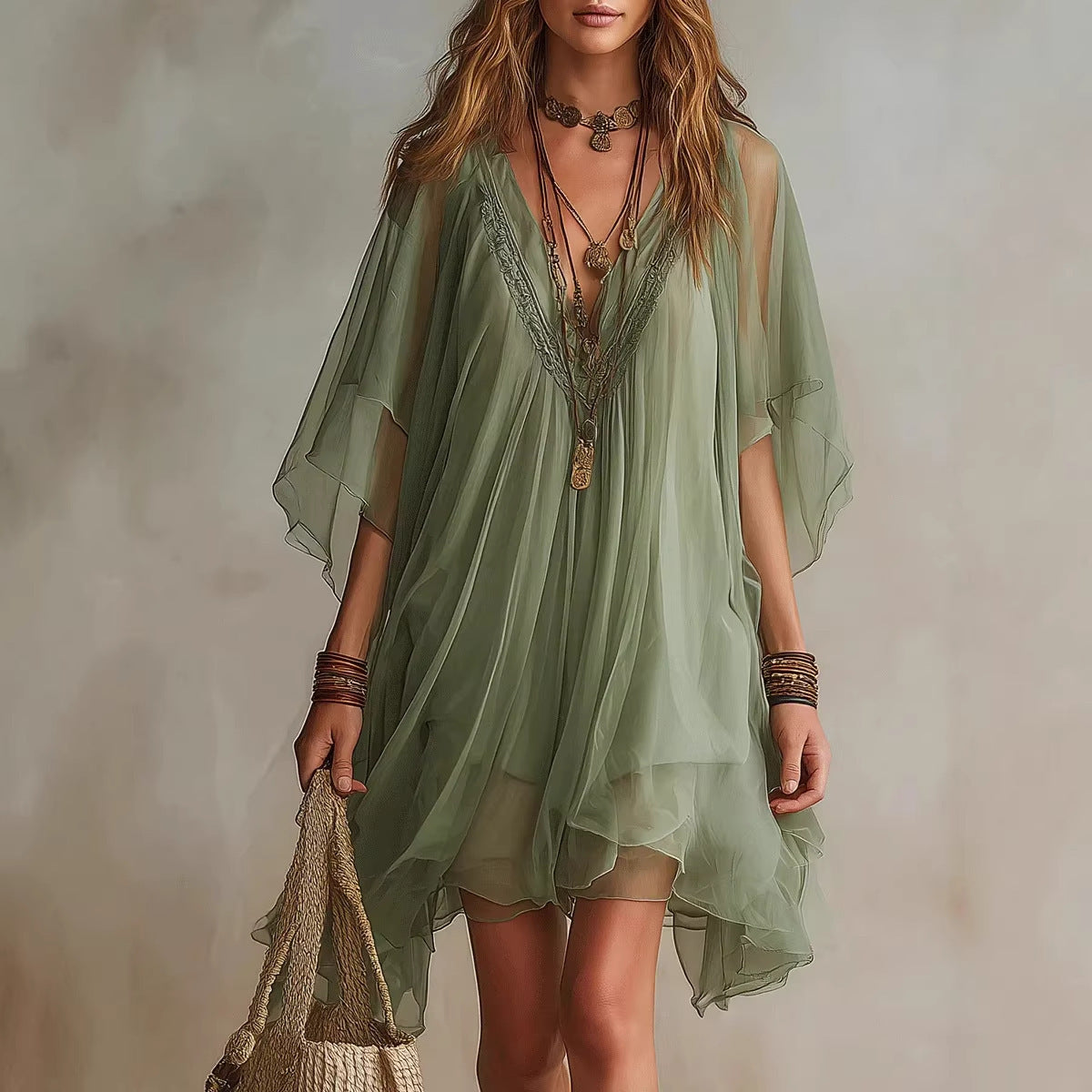 Robe 2 pièces en mousseline à col en V, style décontracté, pour les vacances à la mer, chemisier ample et jupe de plage
