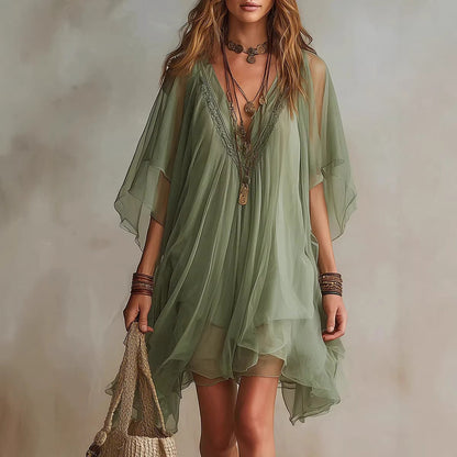 Robe 2 pièces en mousseline à col en V, style décontracté, pour les vacances à la mer, chemisier ample et jupe de plage