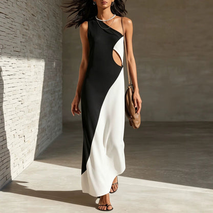 Robe longue texturée asymétrique à découpe à une épaule