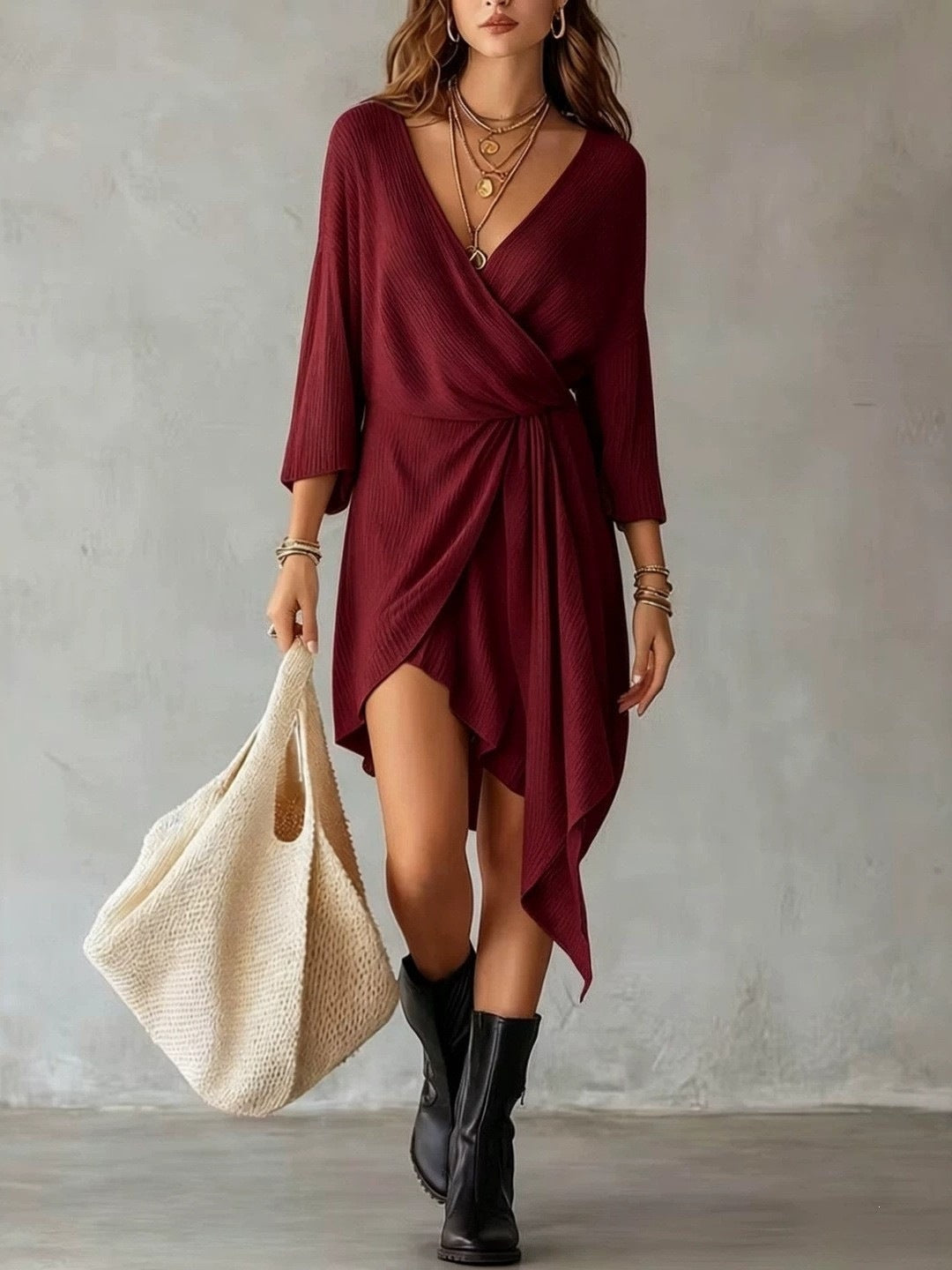Mini-robe asymétrique en maille côtelée crème avec cache-cœur