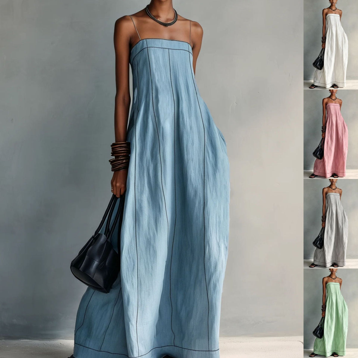 Robe longue nuisette droite à fines bretelles et surpiqûres contrastantes