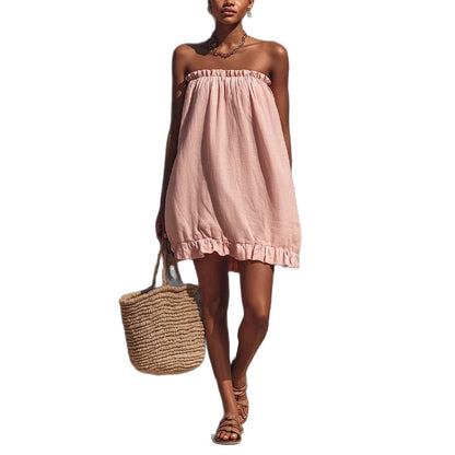 Robe courte ample en lin bustier à volants