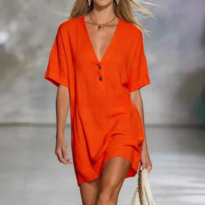 Robe chemise en lin mélangé à col en V, chic et facile à porter