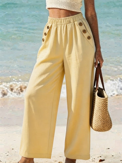 Pantalon décontracté taille haute boutonné à jambes larges