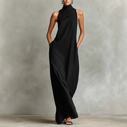 Robe longue sans manches en lin à col montant