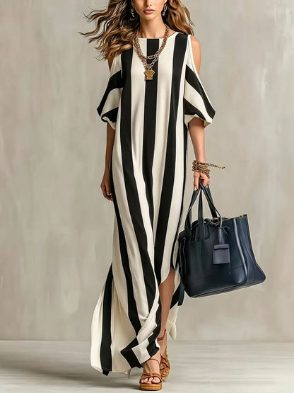 Robe longue ample fendue à rayures verticales et épaules dénudées