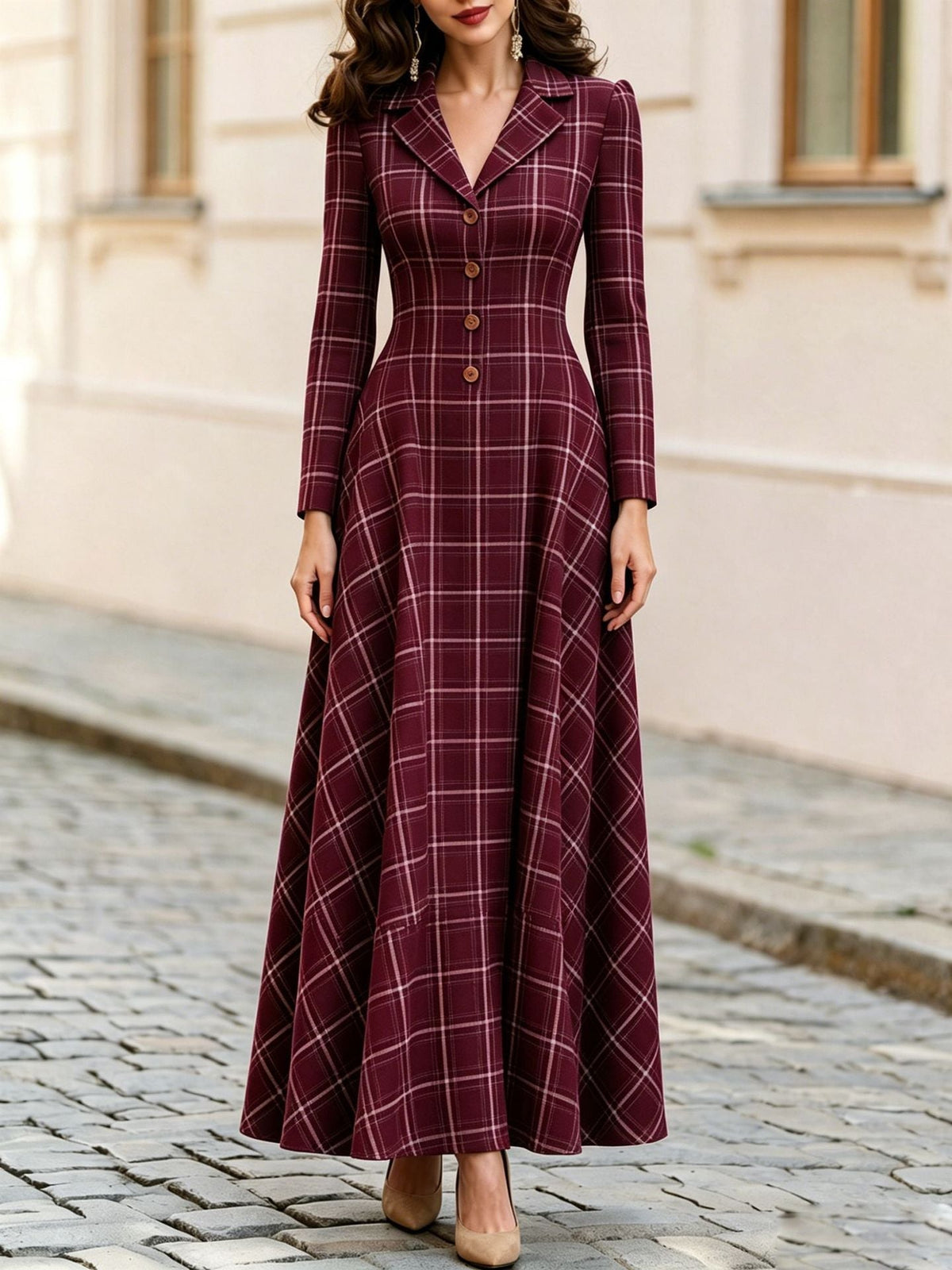 Robe longue à manches longues à carreaux classiques