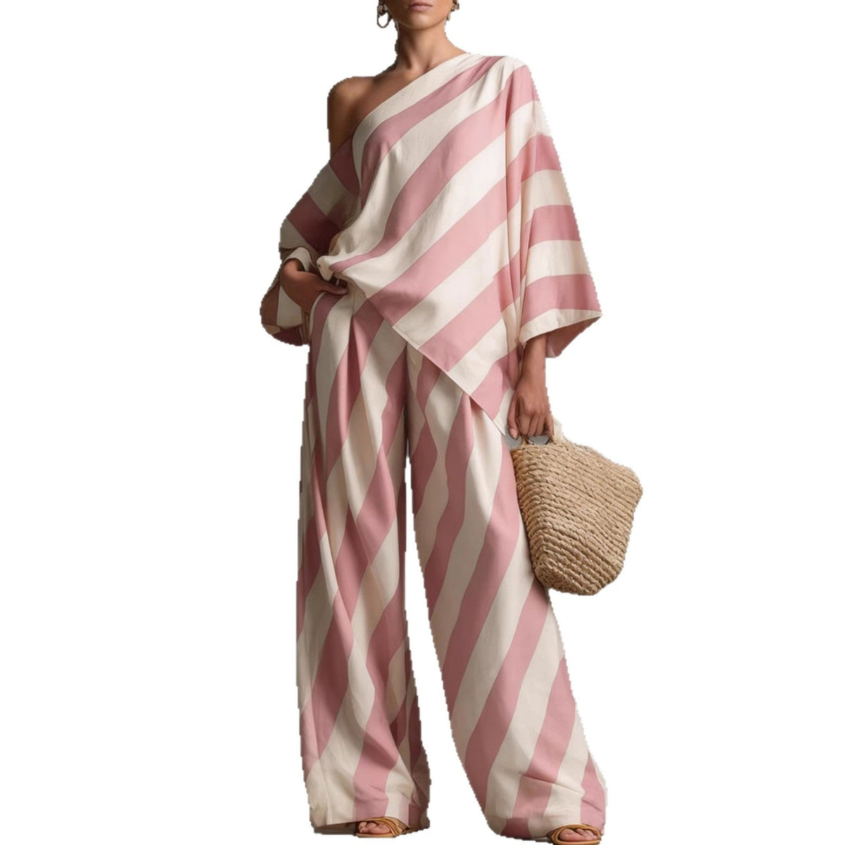 Ensemble haut asymétrique rayé et pantalon large